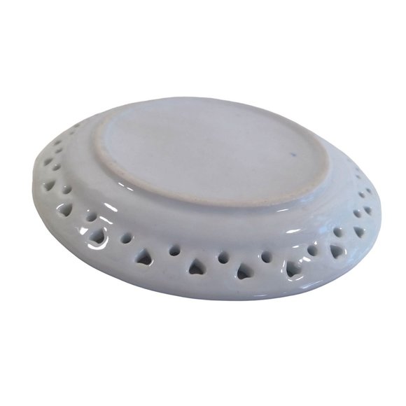 Vtg 8" Delf Blue Hand Painted Floral Heart Cutout Lace Edge Decorative - Picture 9 of 9